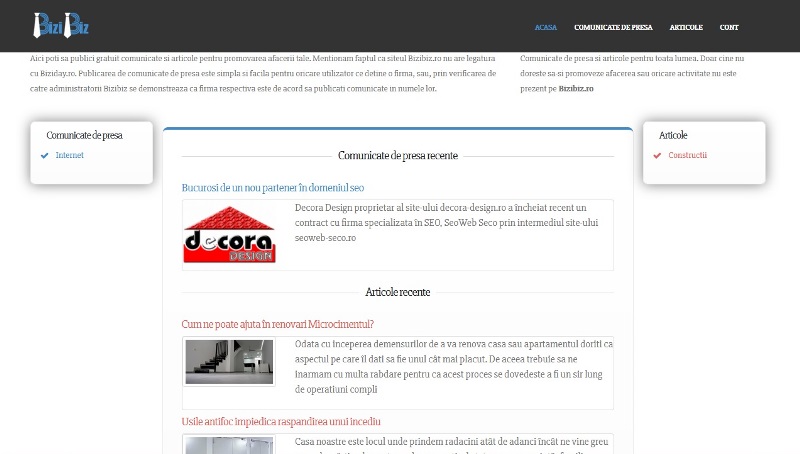 BiziBiz platforma online a celor care scriu articole si/sau comunicate de presa 